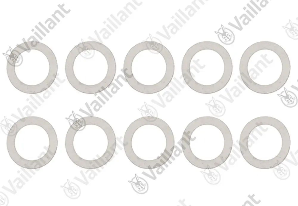 Vaillant Dichtungen, rund und flach, in einer Anordnung von zehn Stück, auf hellem Hintergrund.